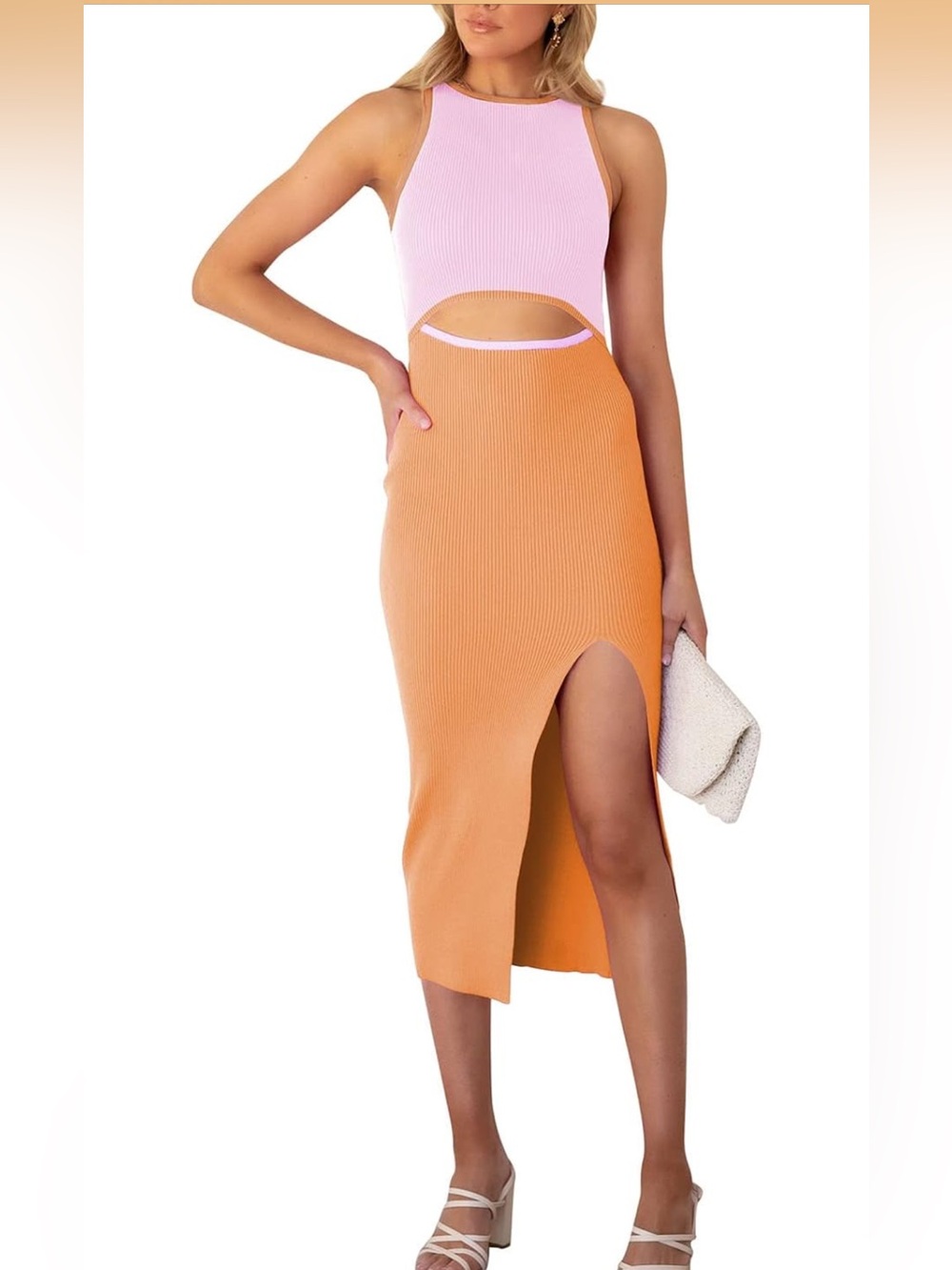 Two-Tone Pink and Orange Ribbed Dress with slit